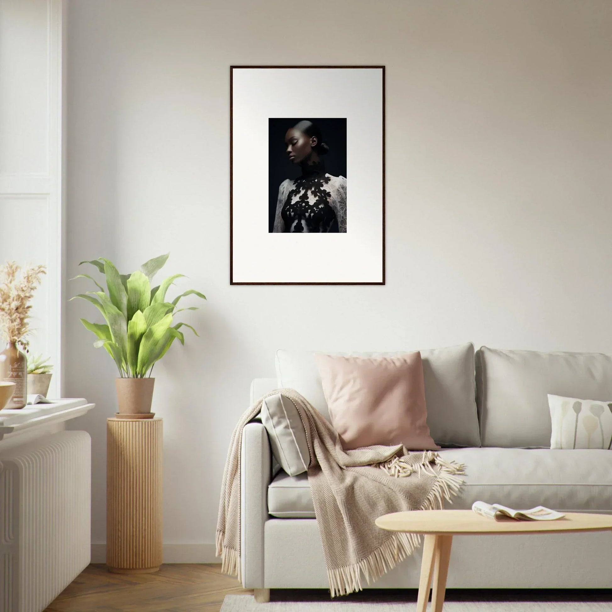 Framed wall art of a person in ornate jewelry, perfect for room decor