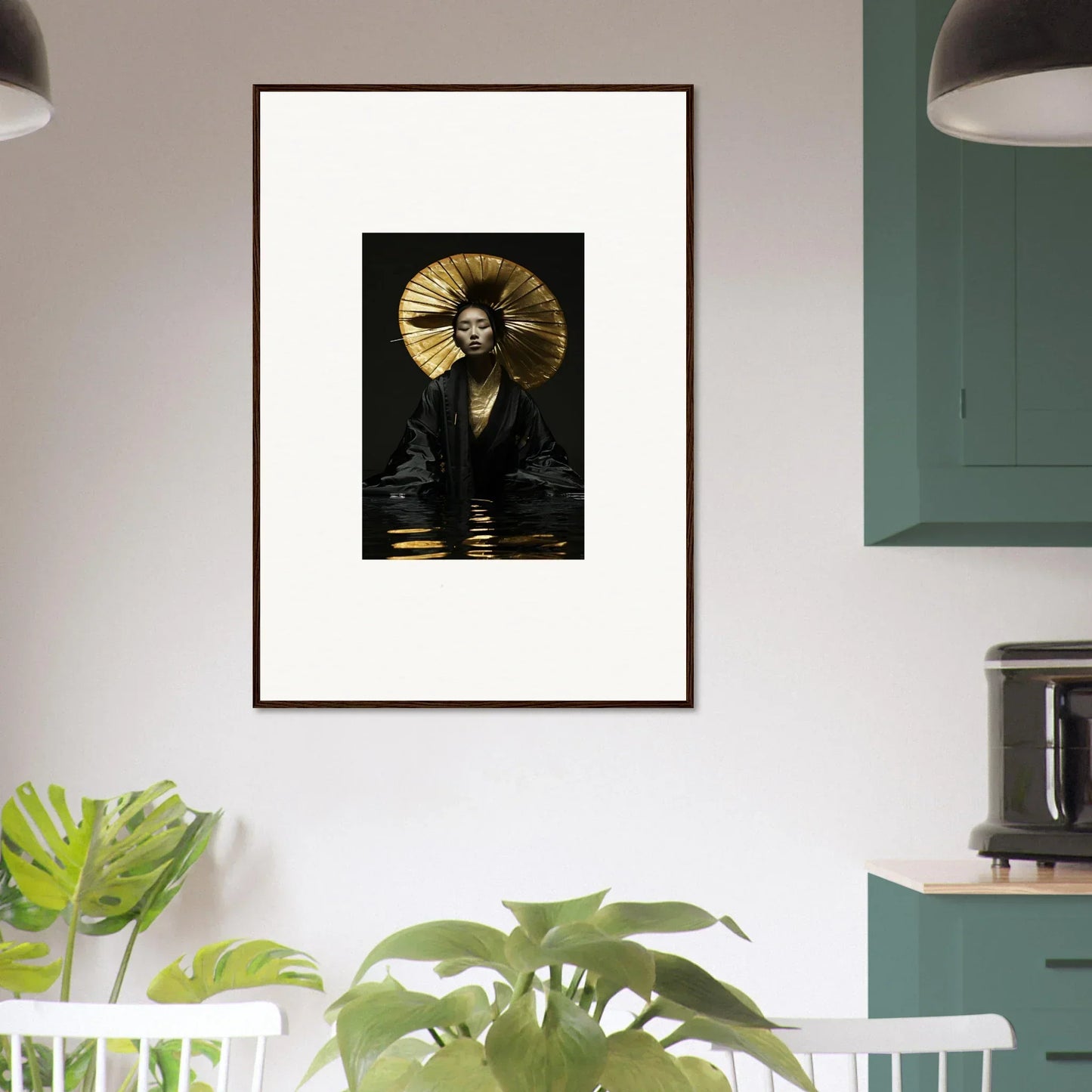 Framed canvas print of an eccentric whisperings figure with a golden headdress in water