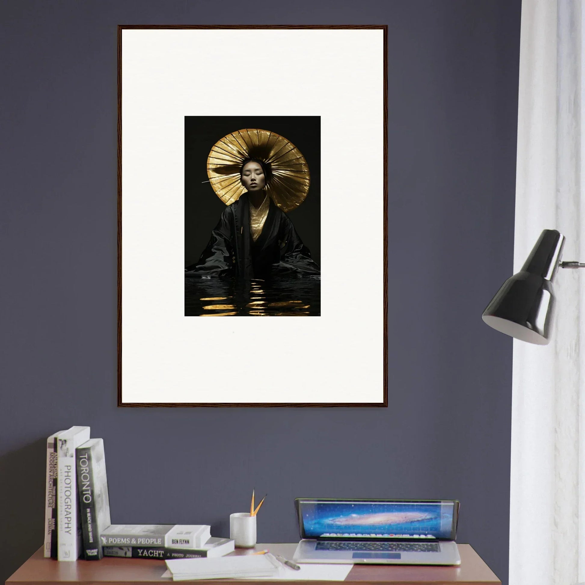 Framed photograph of a person in water with a big hat for unique room decoration