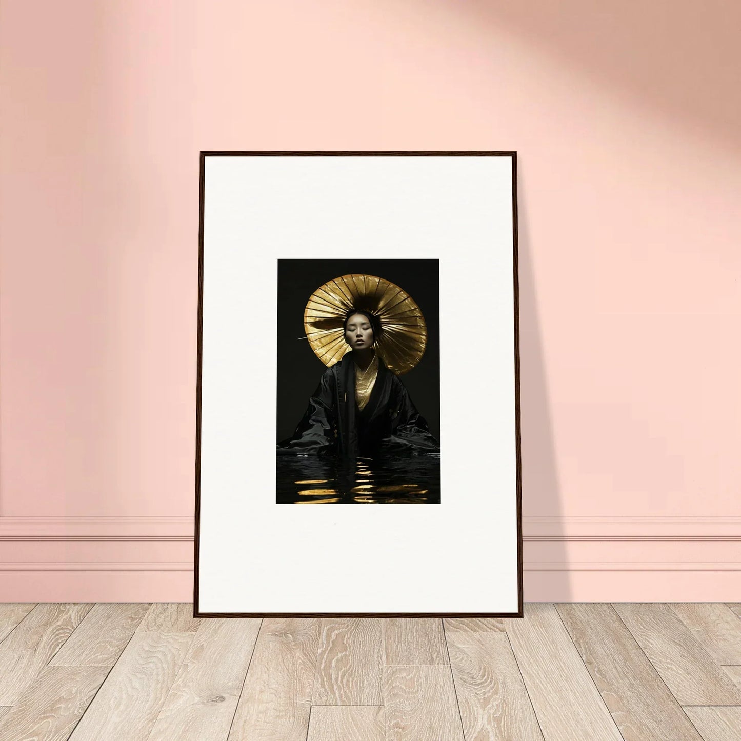 Framed canvas print of a person with a golden headdress, perfect for room decoration