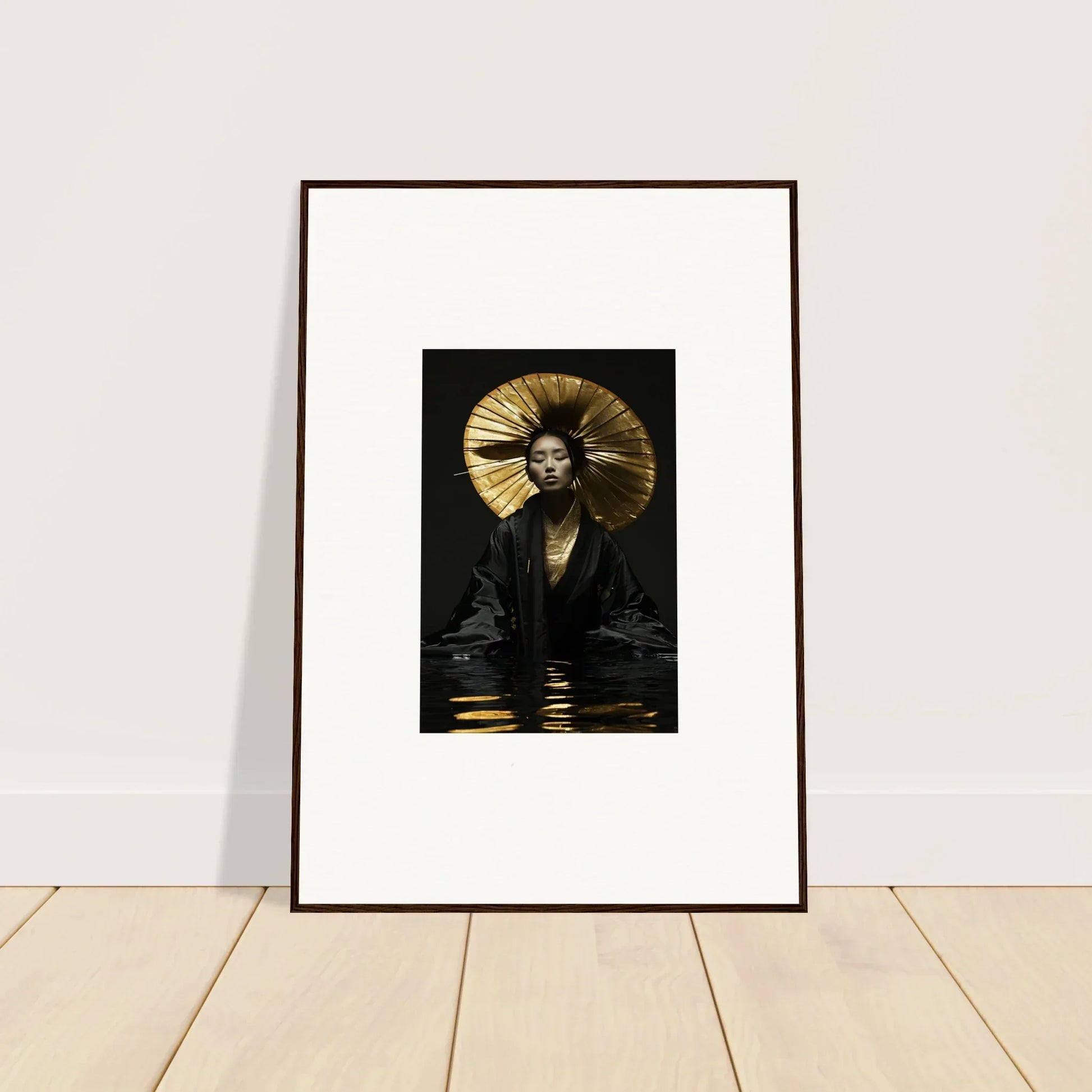 Framed canvas print of a person in a dark outfit with a golden headdress for eccentric whisperings decor