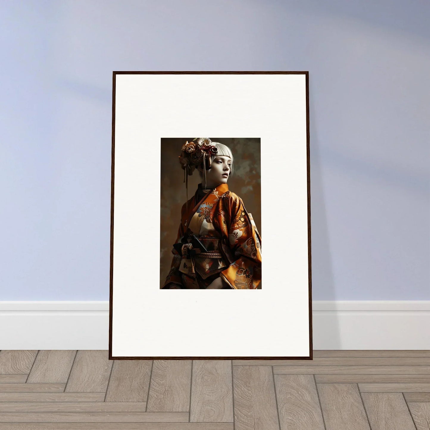 Framed wall art of a person in traditional Asian attire, perfect for room decor night blossom