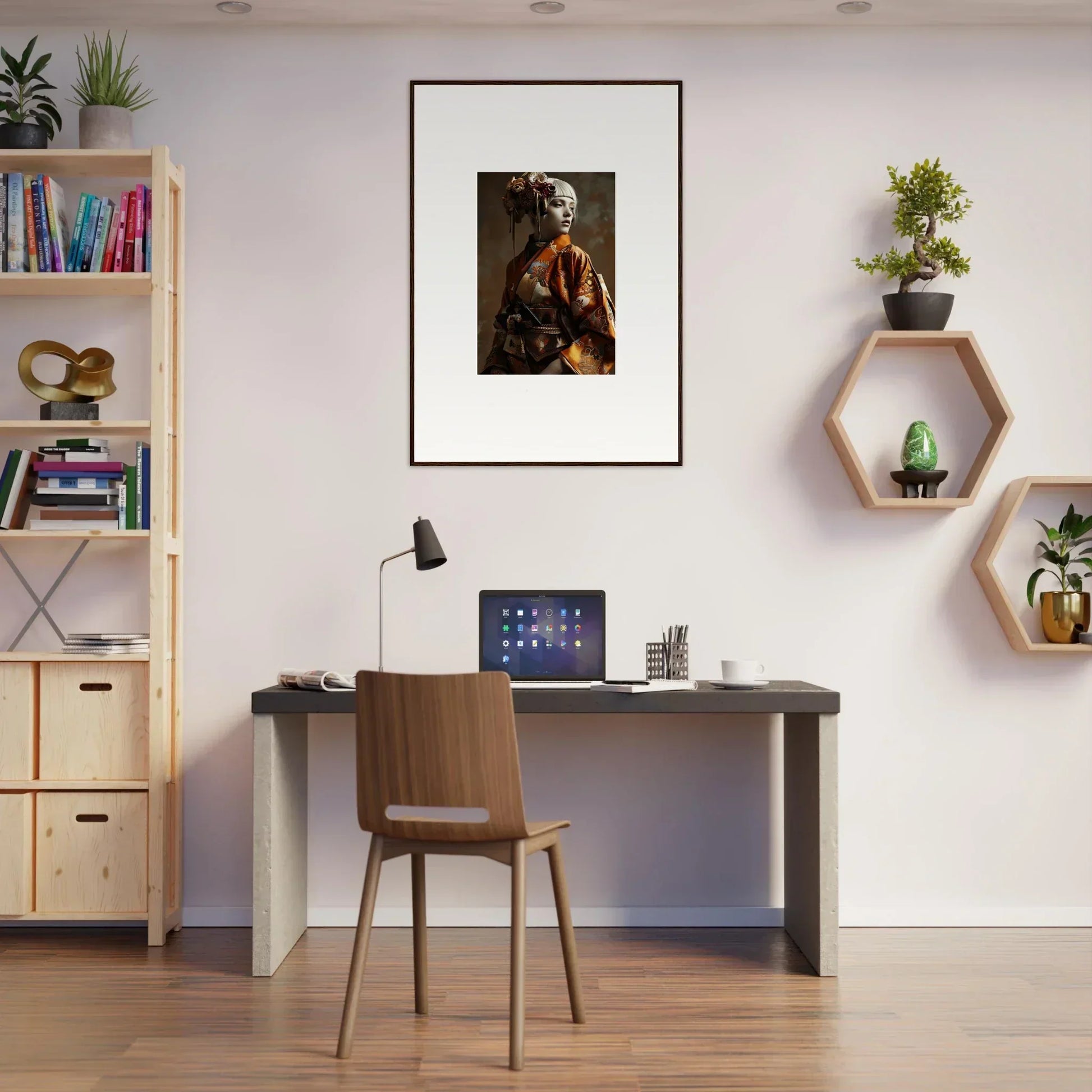 Home office workspace featuring Elegant Night Blossom decor with framed wall art