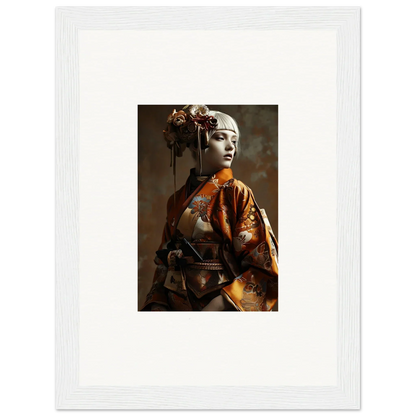 Portrait of a woman in an ornate orange kimono, perfect for Night Blossom room decor