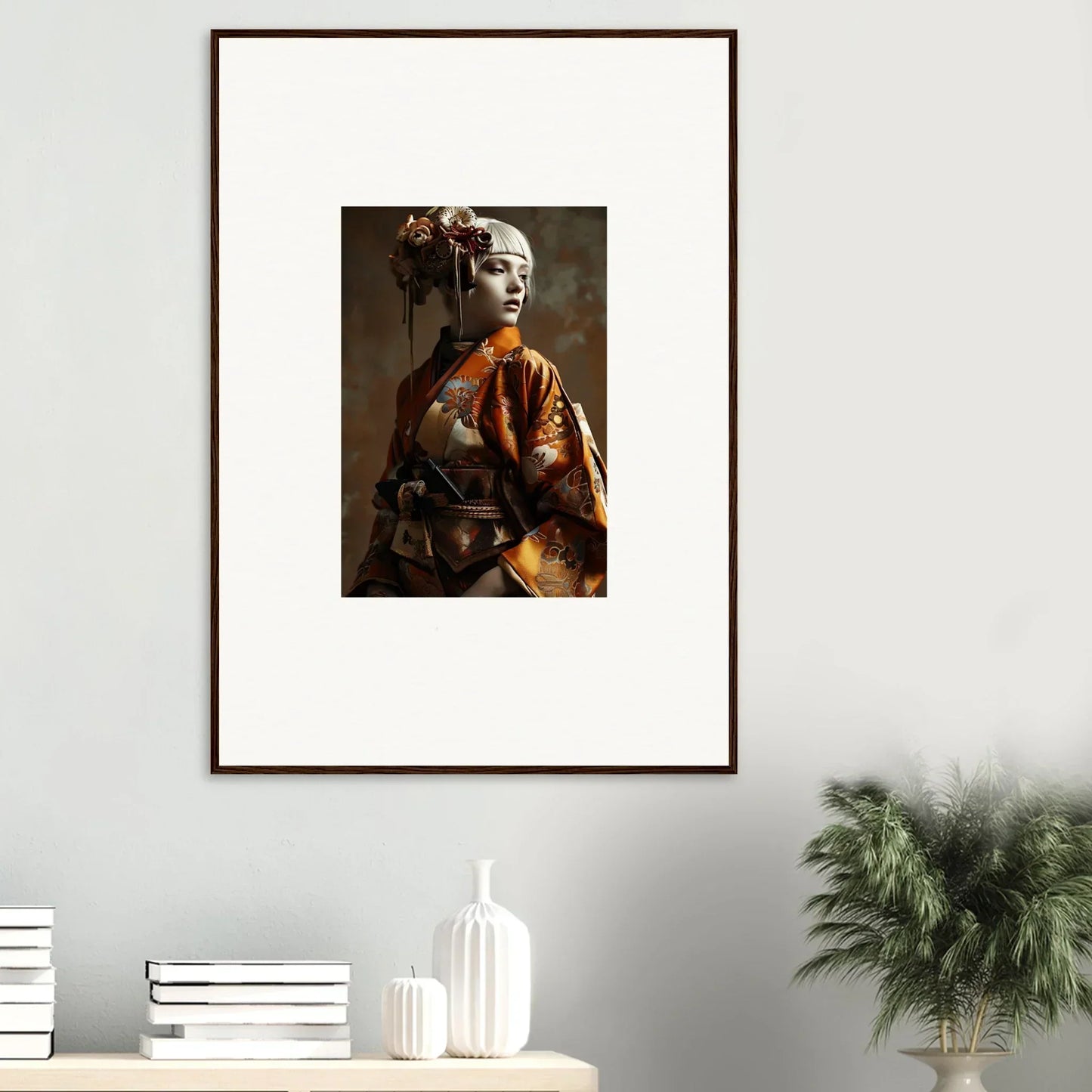 Framed wall art of a person in traditional Japanese geisha attire, perfect room decor