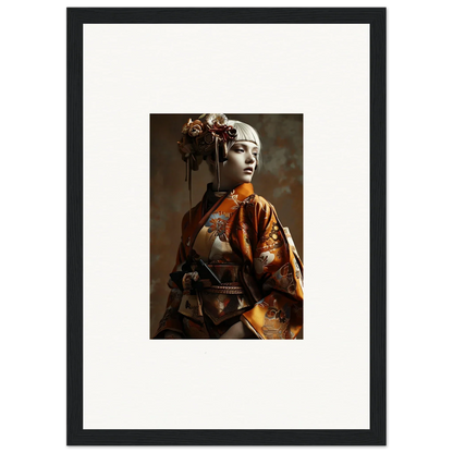 Framed wall art of a woman in traditional Japanese geisha attire with Night Blossom decor