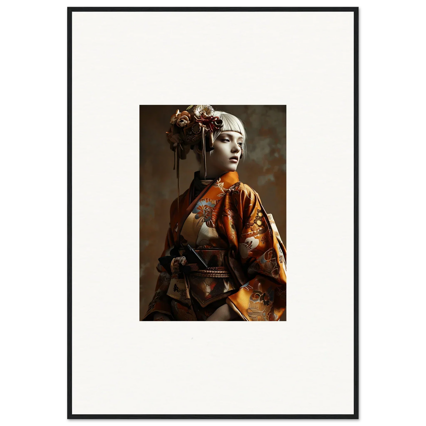 Portrait of a woman in traditional Japanese geisha attire for Elegant Night Blossom room decor