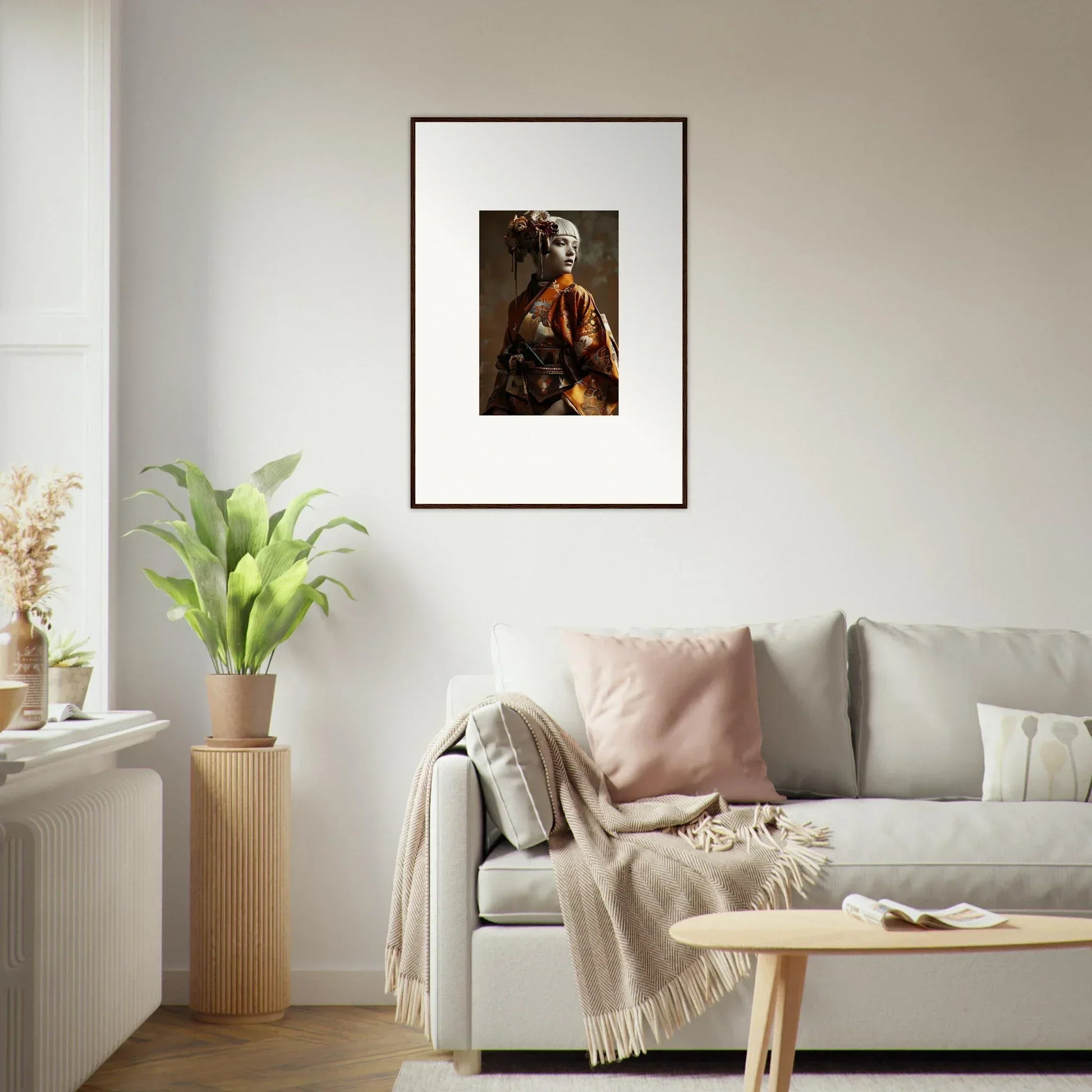 Framed wall art of a person in ornate clothing and mask for elegant room decor