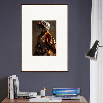 Framed wall art of a geisha in traditional attire for elegant night blossom room decor