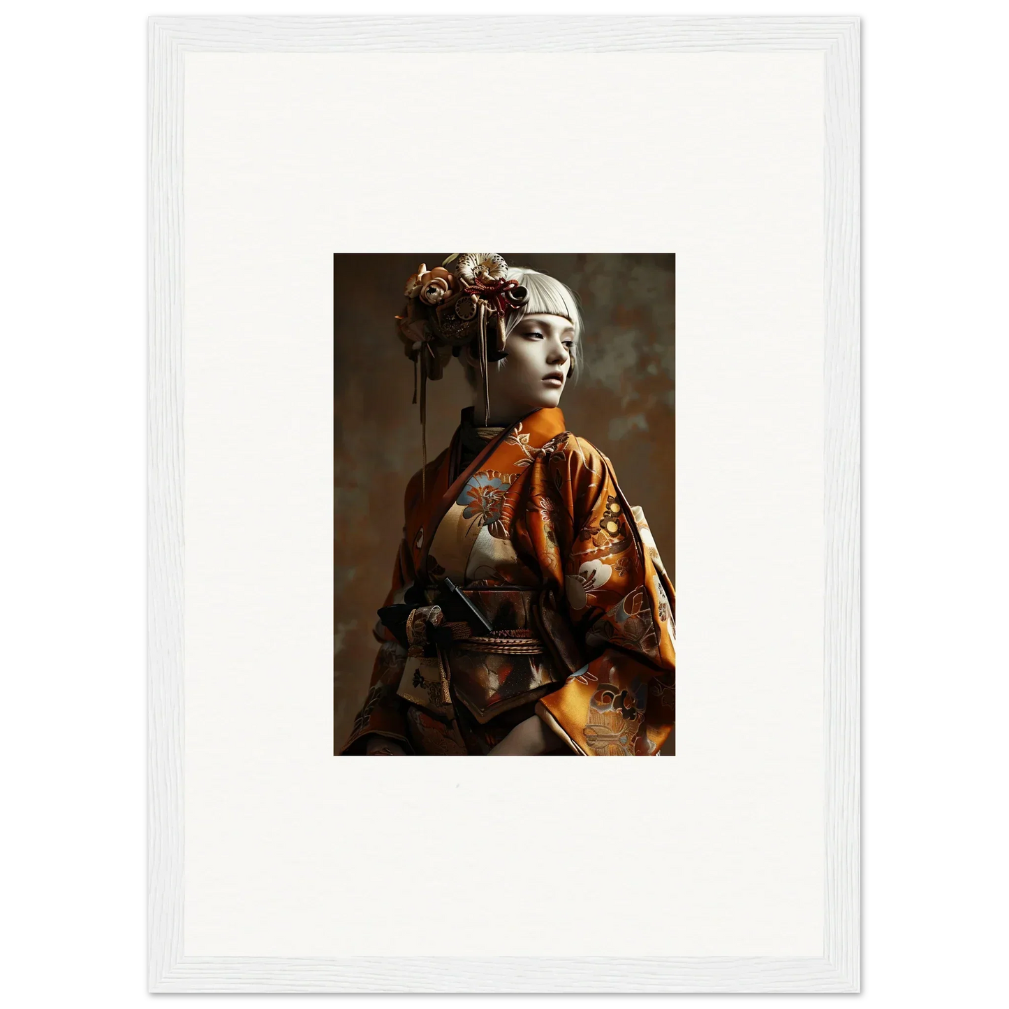 Portrait of a woman in traditional Japanese geisha attire for night blossom room decor