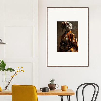 Framed wall art of a person in traditional Japanese attire, perfect for room decor