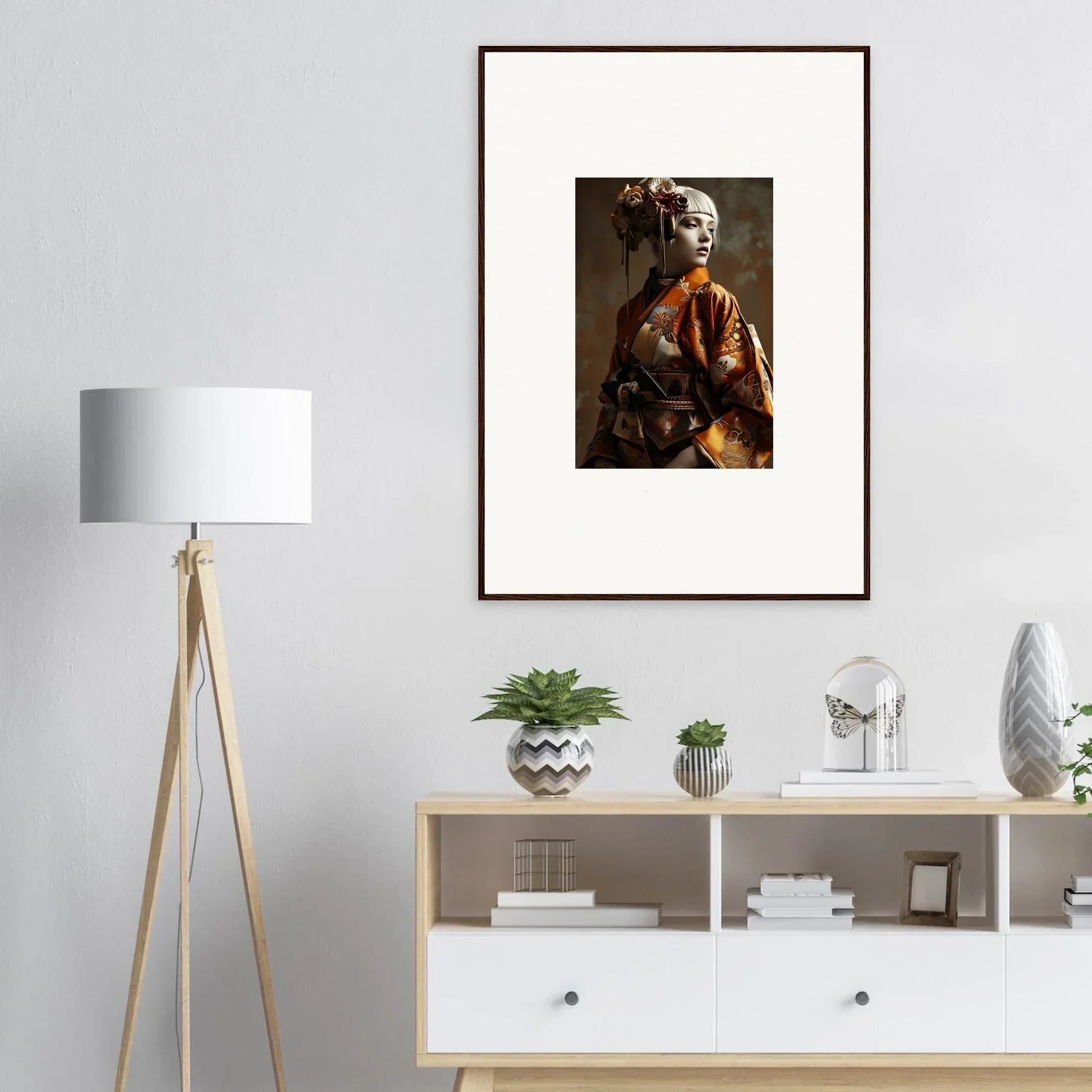 Framed wall art of a person in traditional Japanese attire for elegant night blossom room decor