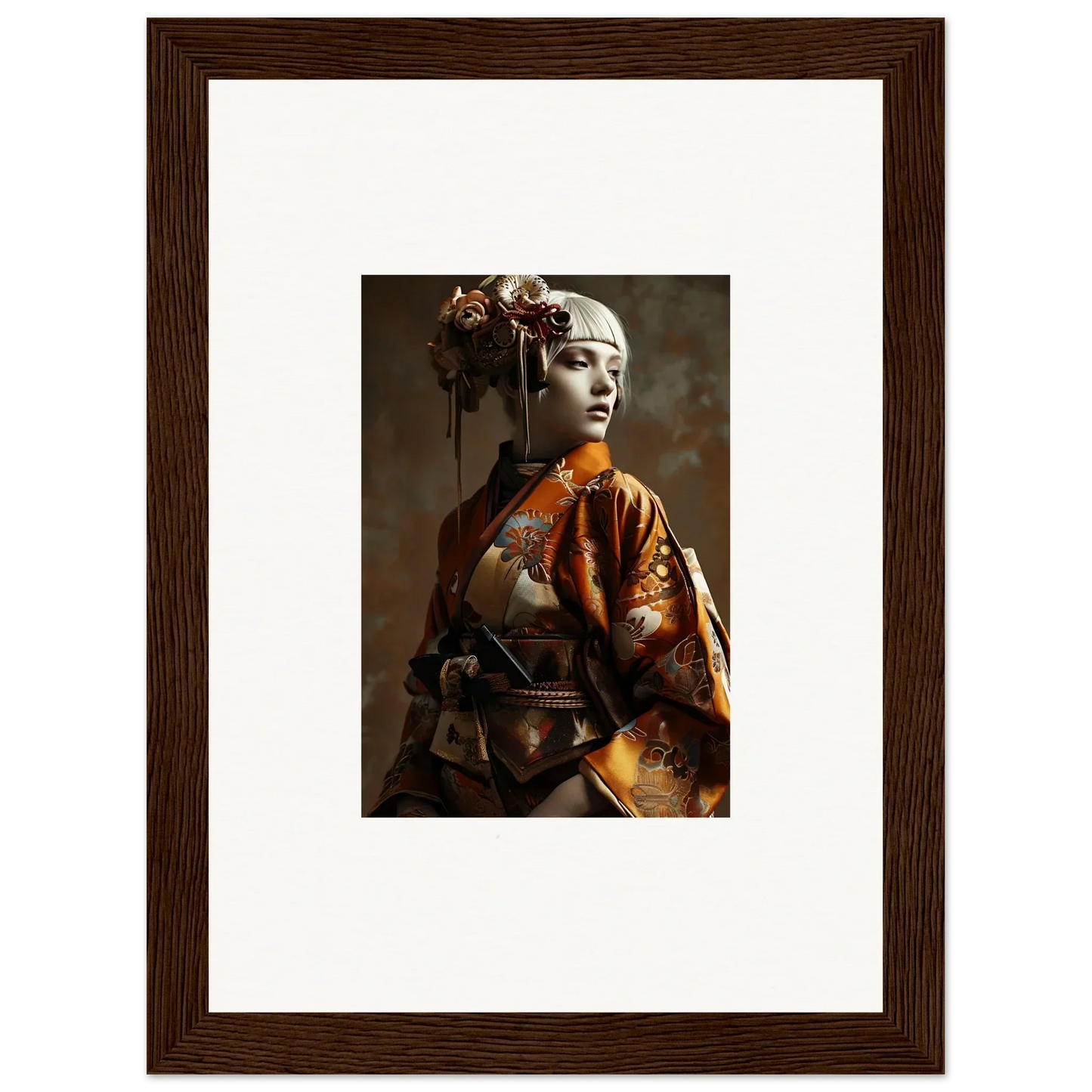 Framed wall art of a person in geisha attire, perfect for night blossom room decor