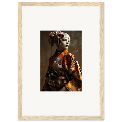 Framed wall art of a person in ornate kimono for elegant night blossom room decor