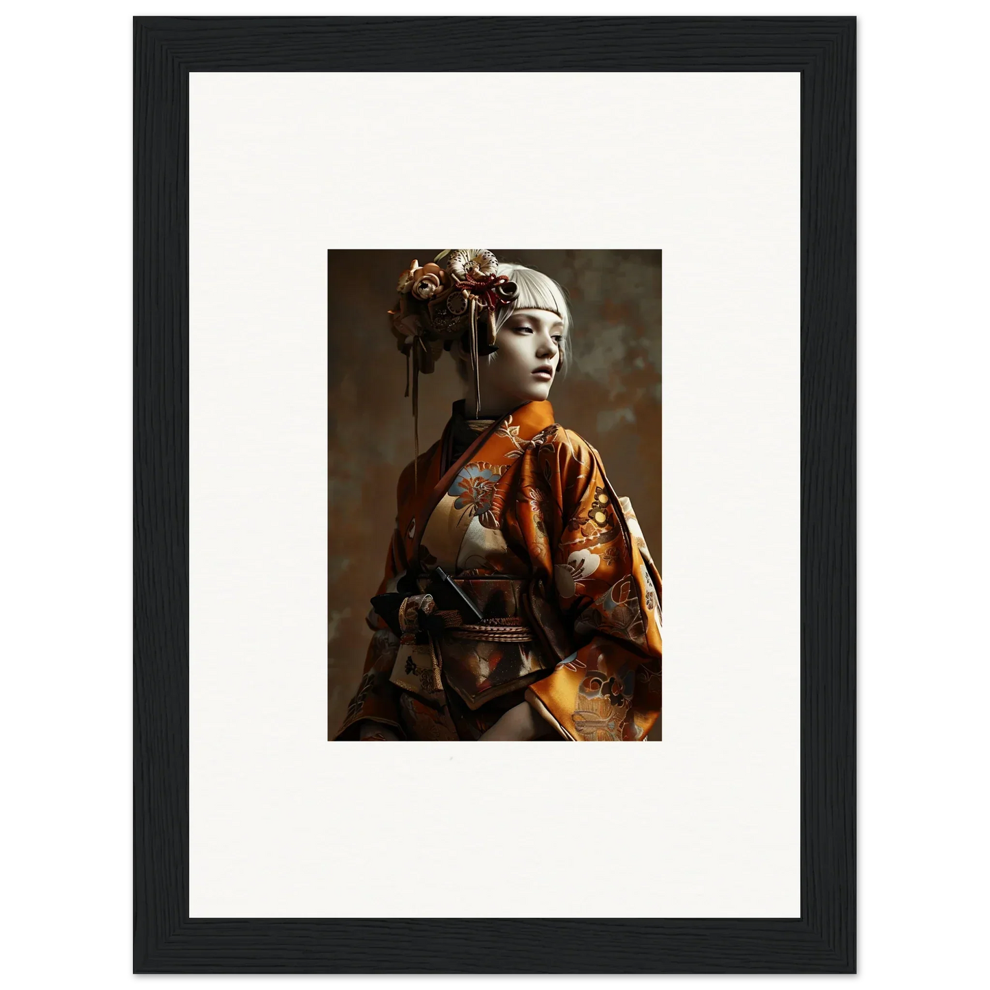 Framed wall art of a person in an orange kimono, perfect for Night Blossom room decor