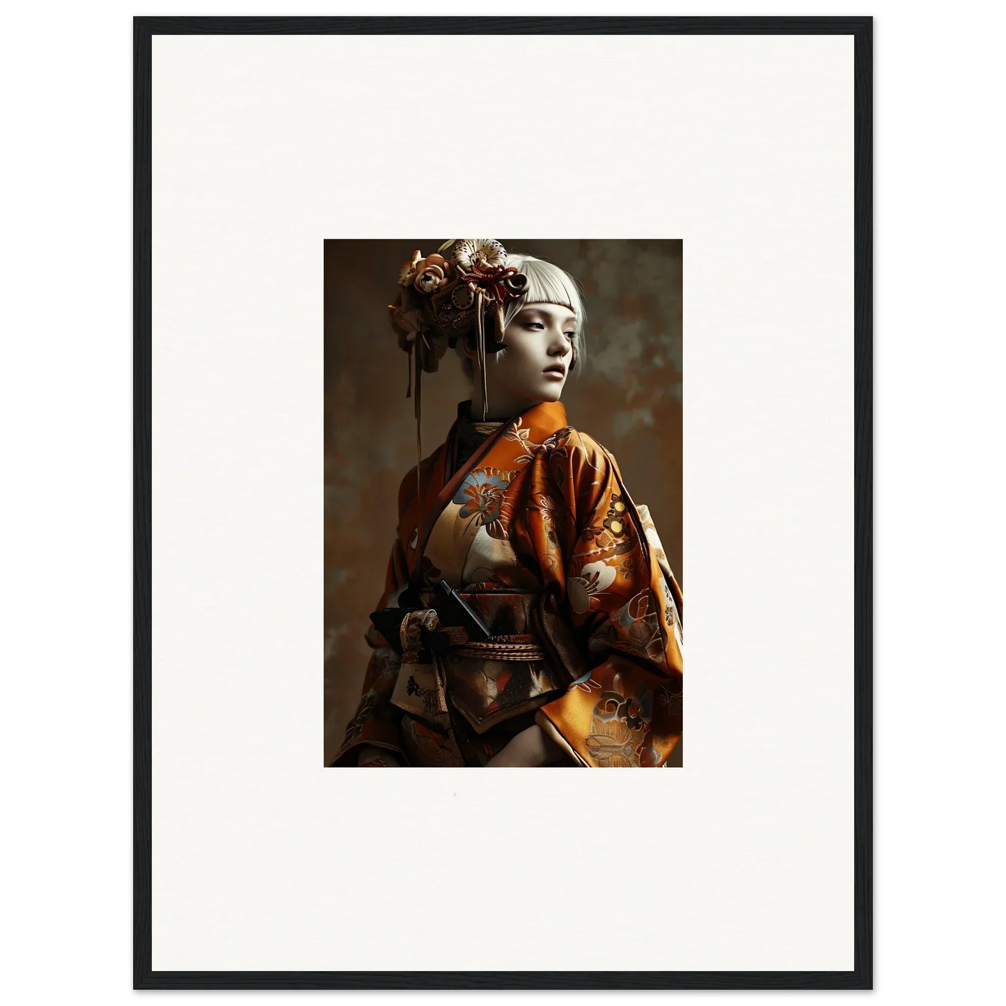 Elegant portrait of a woman in ornate orange kimono for Night Blossom room decor