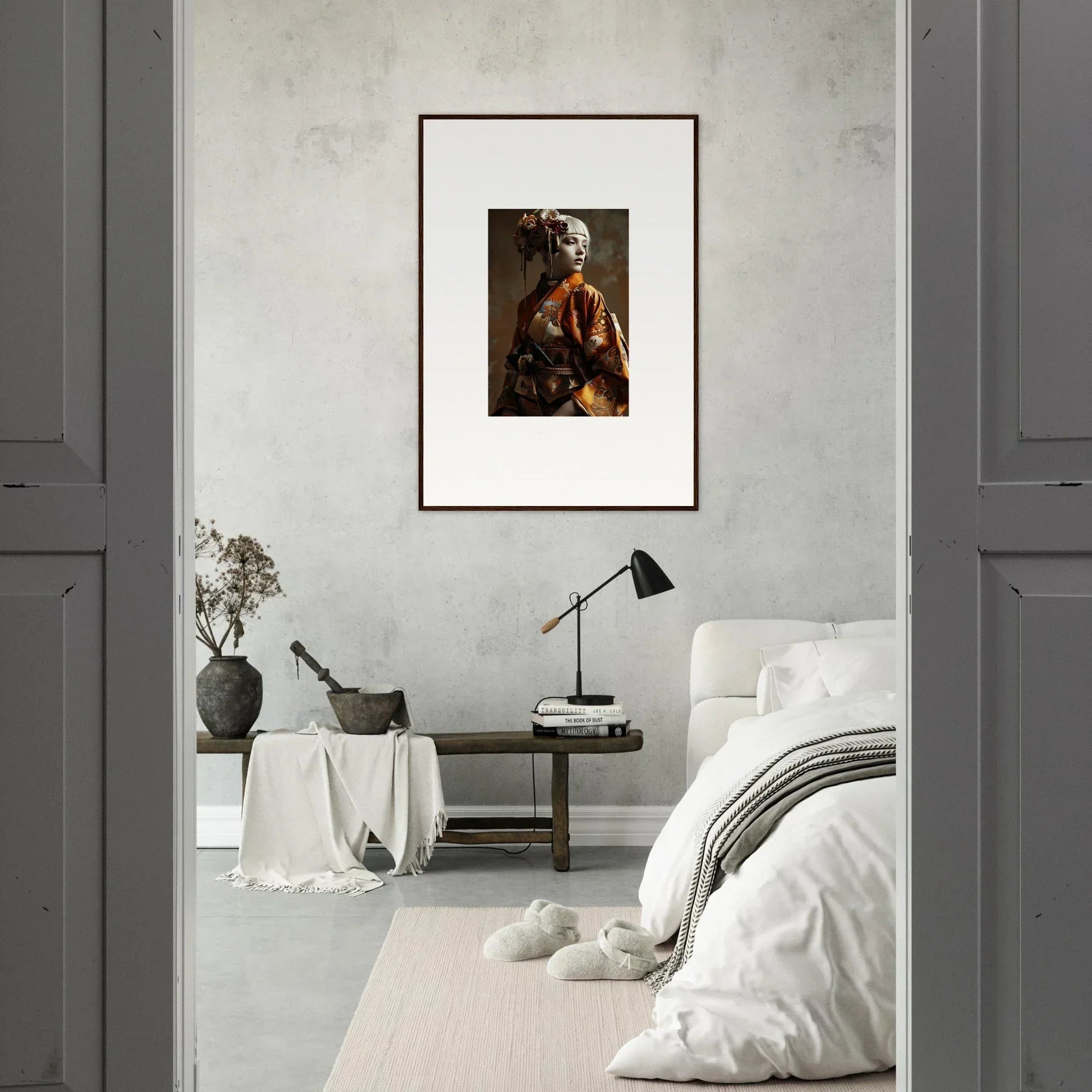 Framed wall art of a person in traditional attire for elegant night blossom room decor