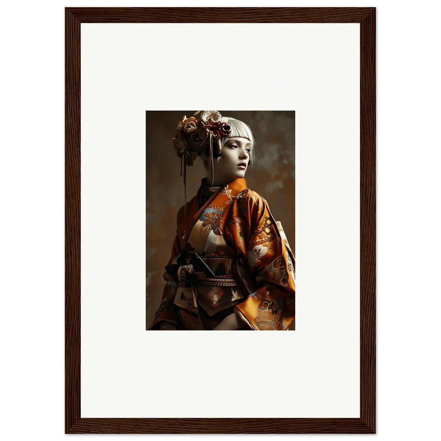 Framed wall art of a woman in traditional geisha attire for elegant night blossom room decor