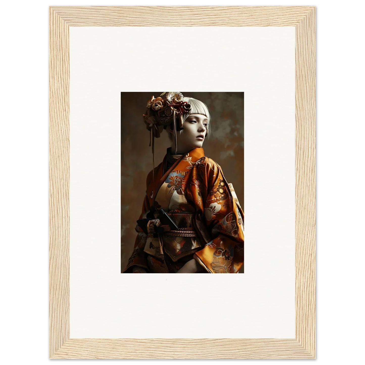 Framed wall art of a person in traditional attire with night blossom hair ornaments