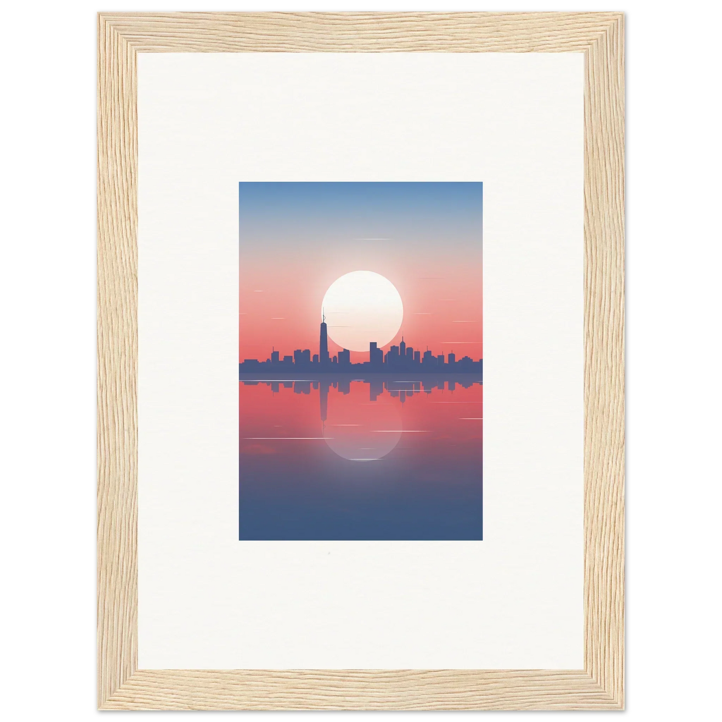 Framed wall art of city skyline silhouette at sunset, perfect dusk memento for room decor