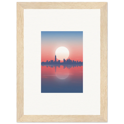 Framed wall art of city skyline silhouette at sunset, perfect dusk memento for room decor