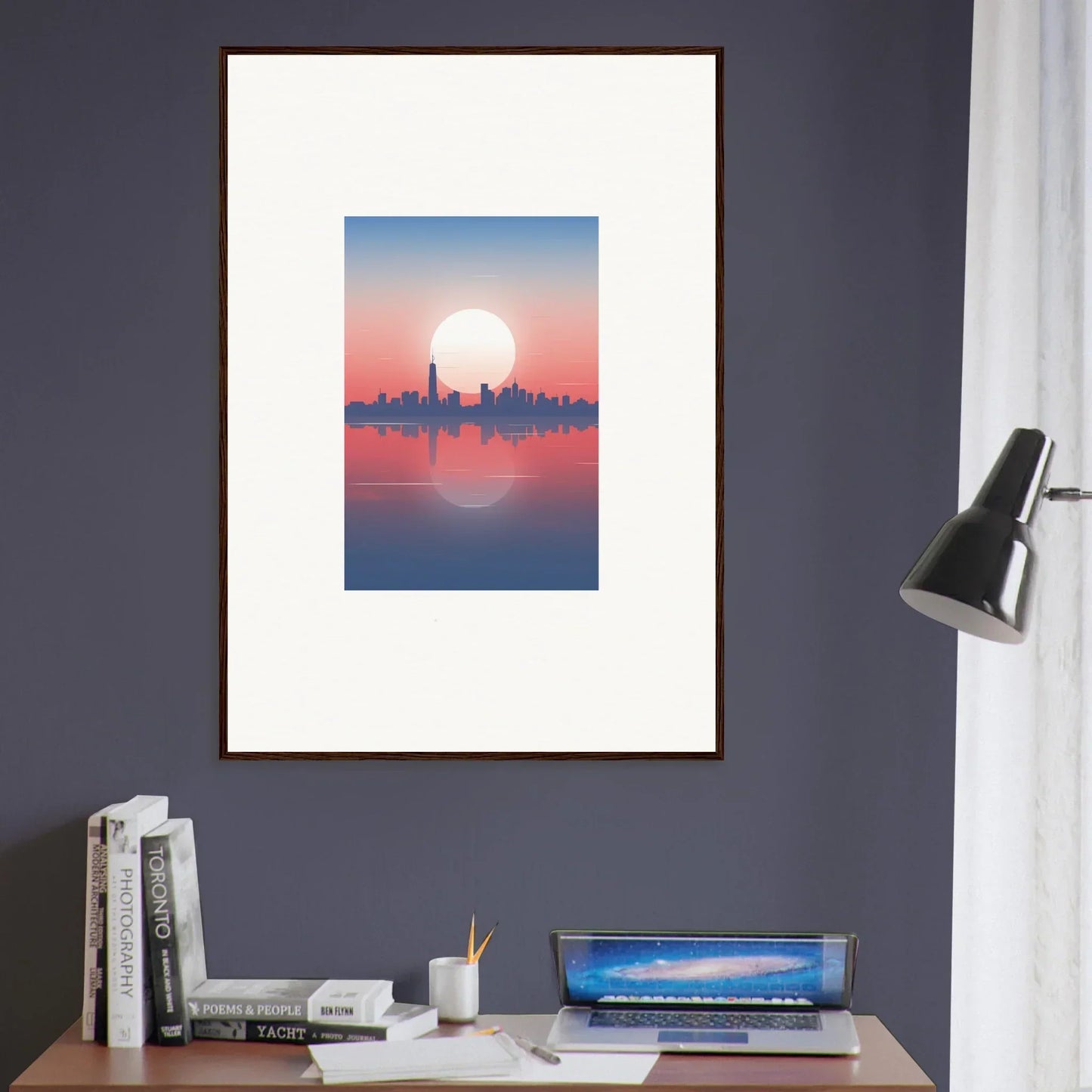 Framed wall art of city skyline silhouette at dusk memento reflecting in water