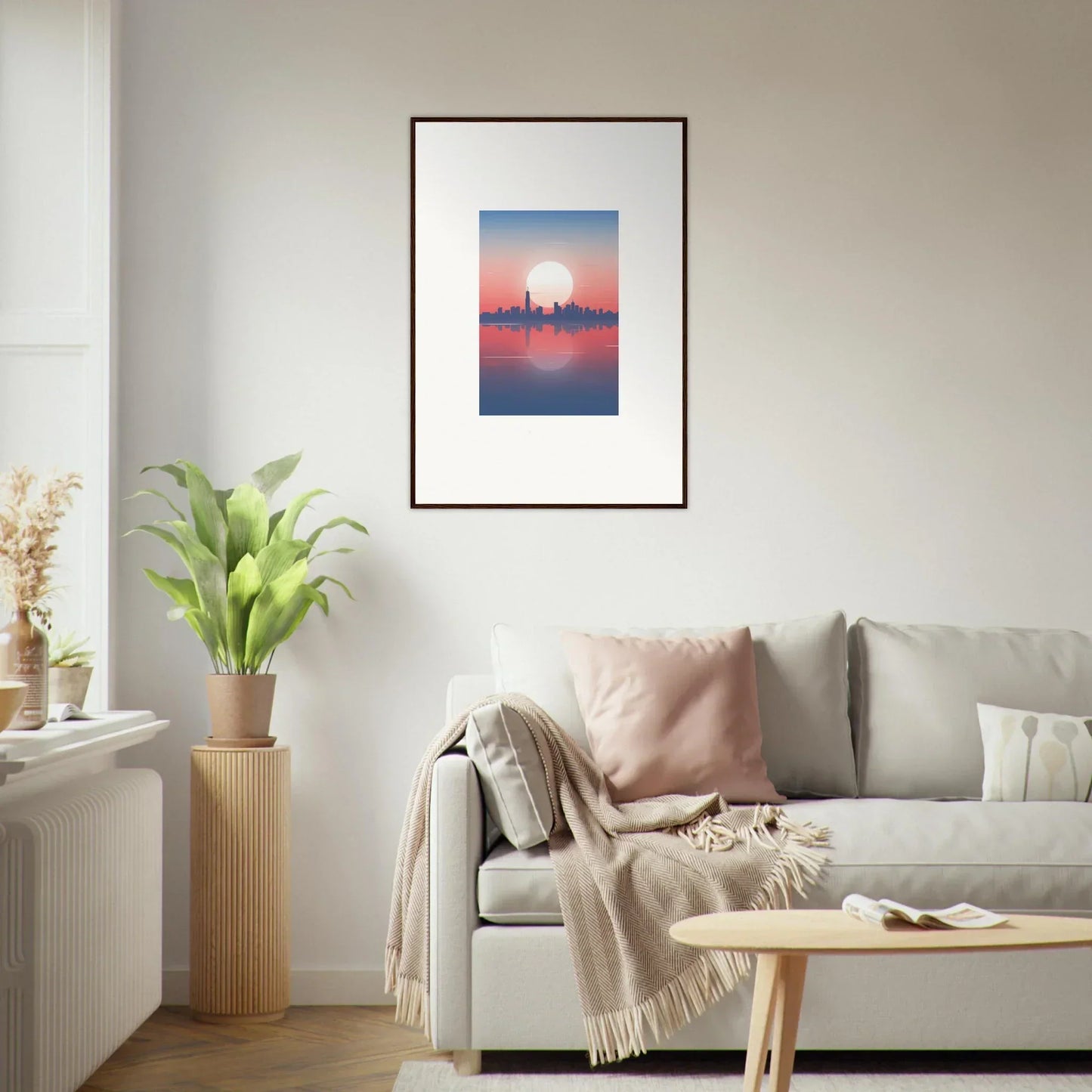 Framed wall art of a sunset cityscape for elegant room decor, Eloquent Dusk Memento