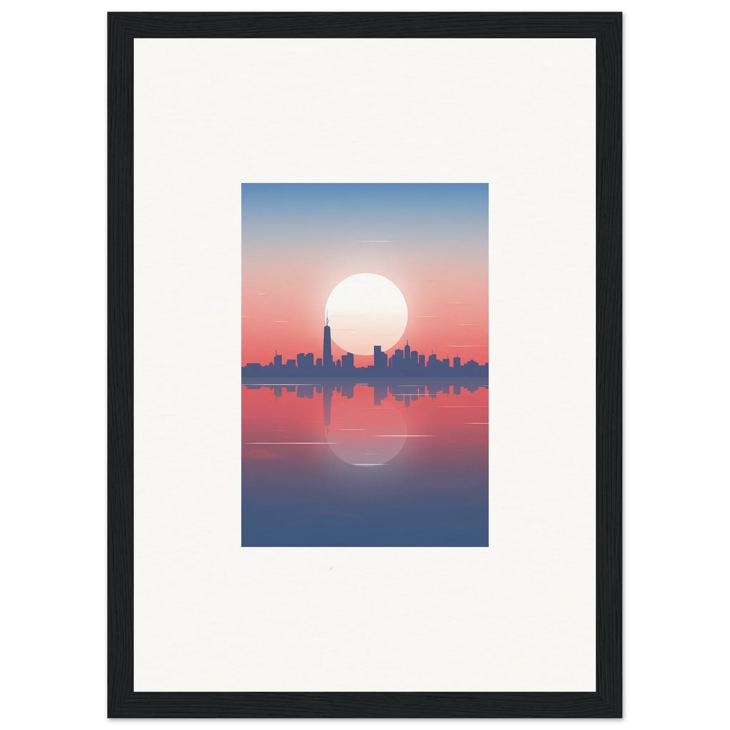 Framed wall art of a city skyline silhouette at sunset for elegant room decor