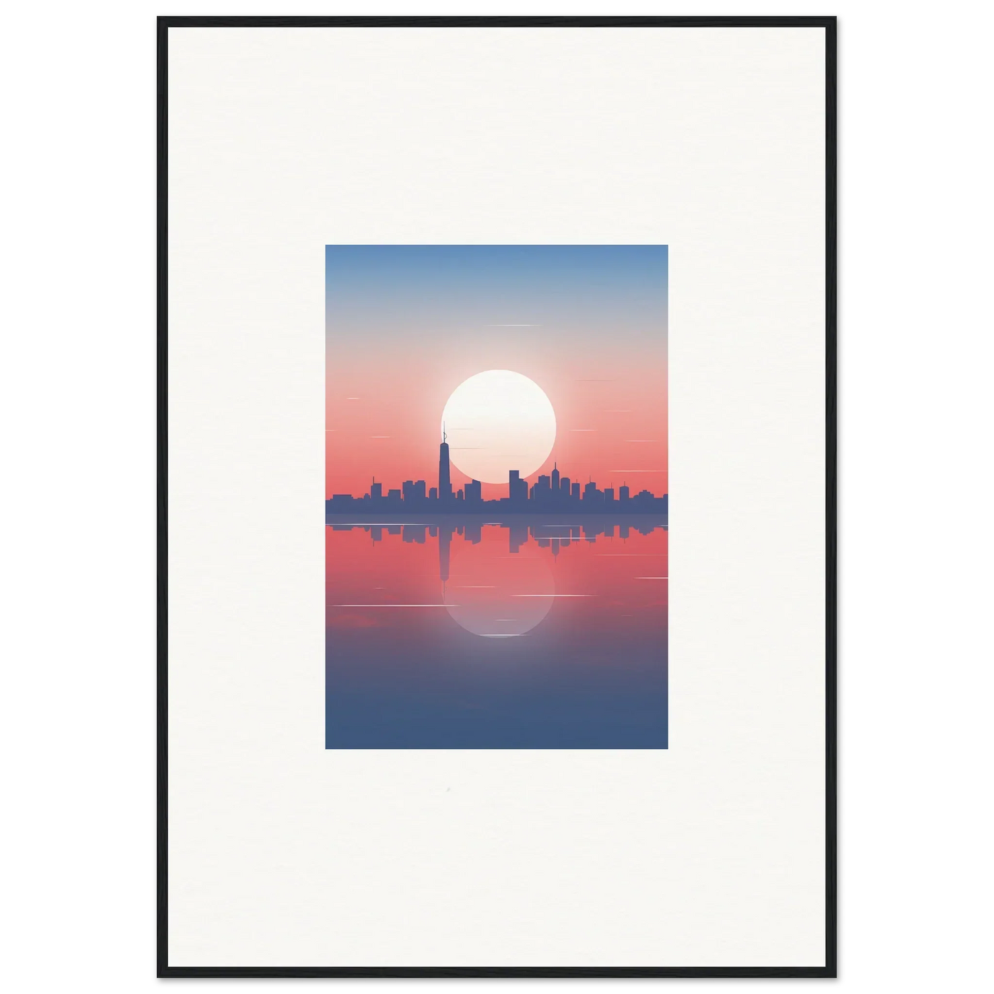 Framed wall art of city skyline silhouette at sunset for elegant room decor