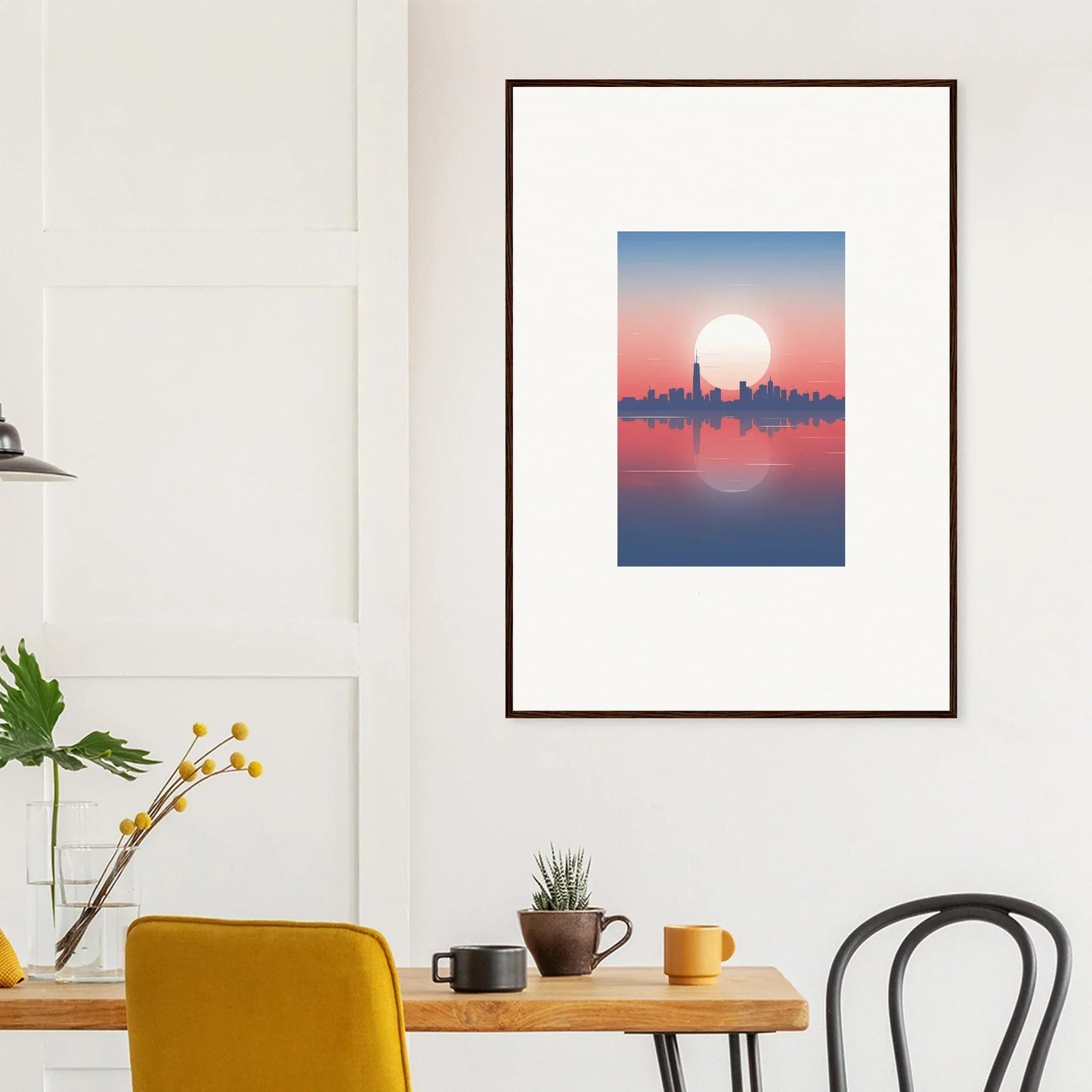 Framed wall art of a city skyline silhouette at sunset for stylish room decor