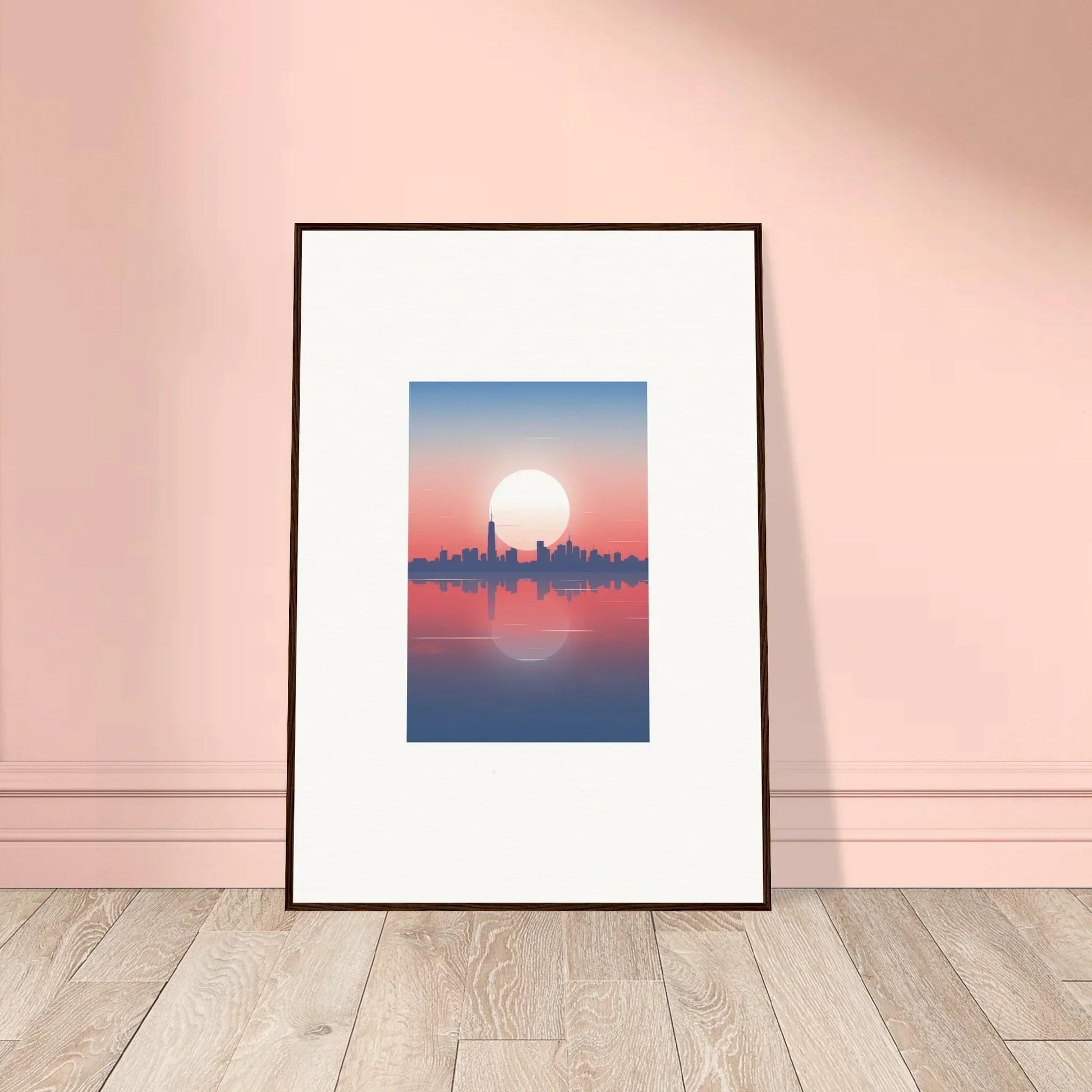 Framed wall art of city skyline silhouette at sunset, a perfect dusk memento for room decor