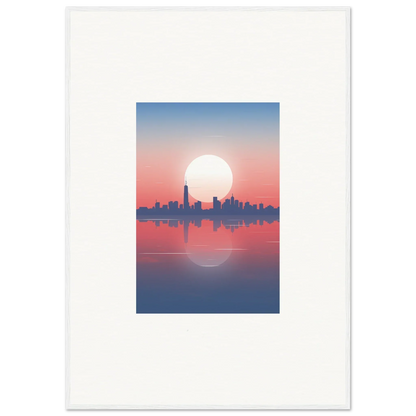 Cityscape silhouette at sunset reflected in water for Dusk Memento framed wall art