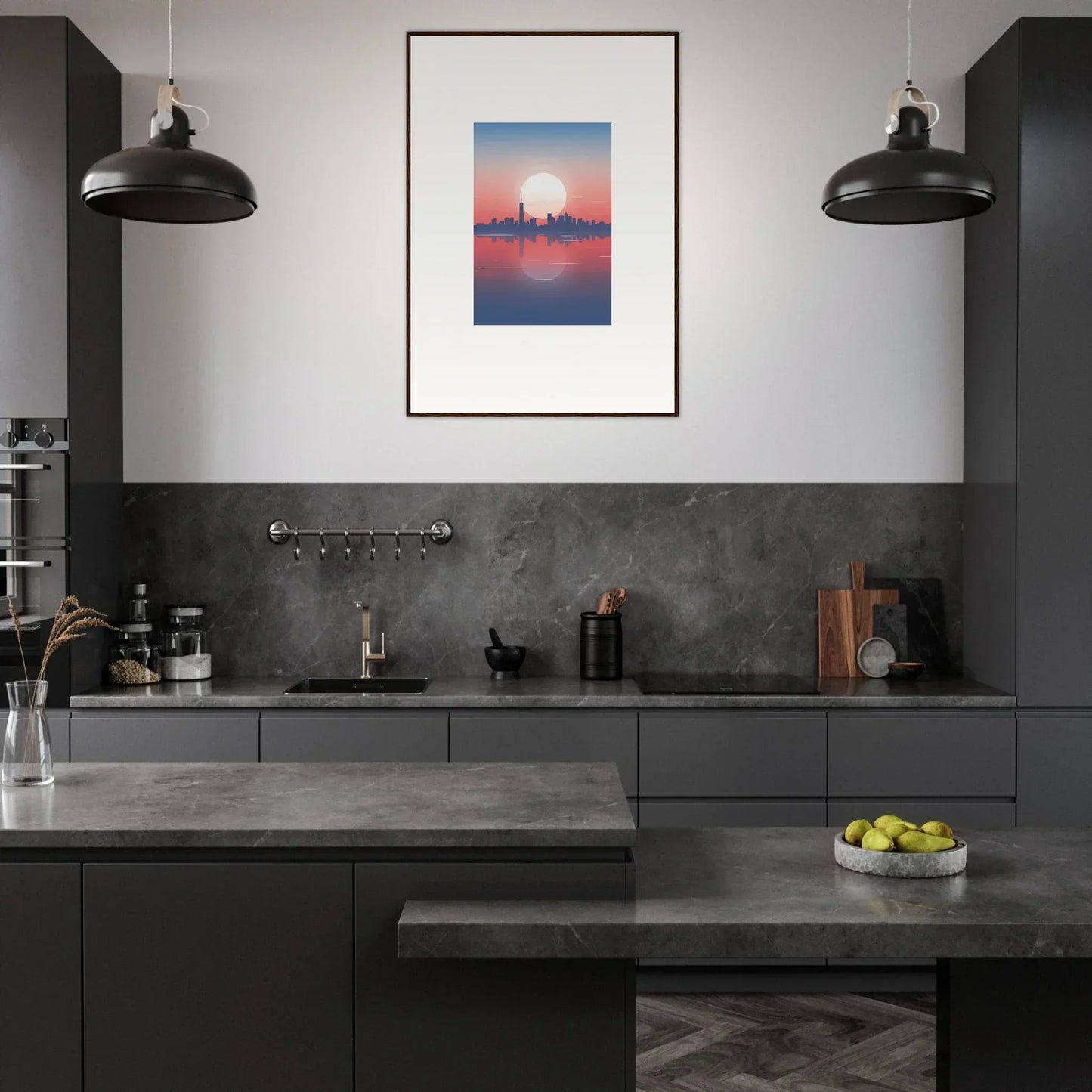 Modern dark kitchen with sleek cabinetry and colorful framed wall art, Dusk Memento