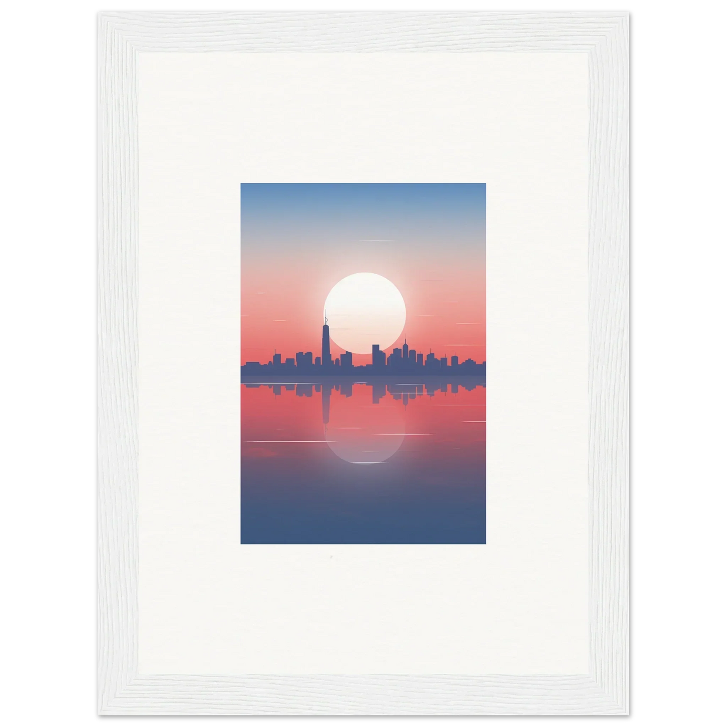 Framed wall art of city skyline silhouette at sunset, perfect for room decor