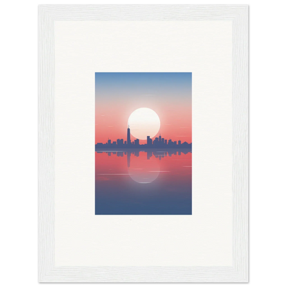 Framed wall art of city skyline silhouette at sunset, perfect for room decor