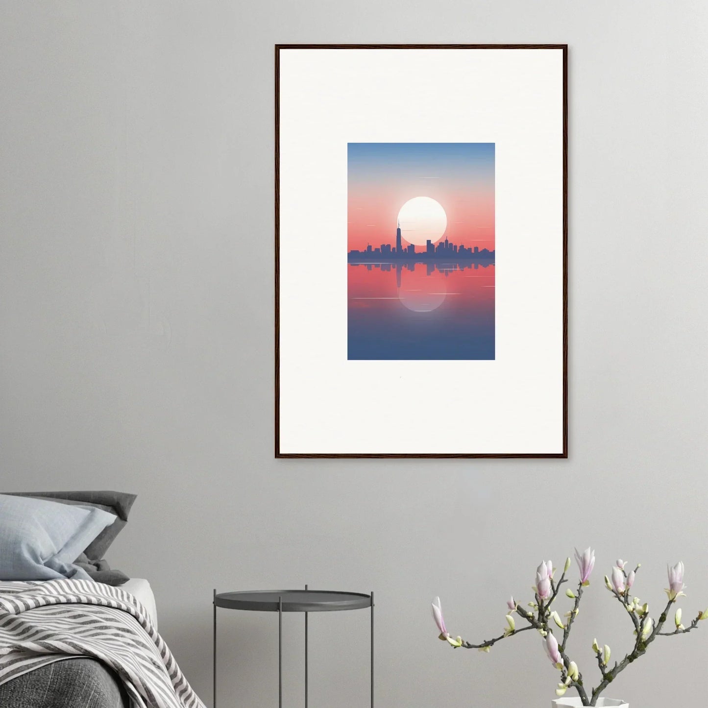 Framed wall art of a city skyline silhouette at dusk, ideal for room decor