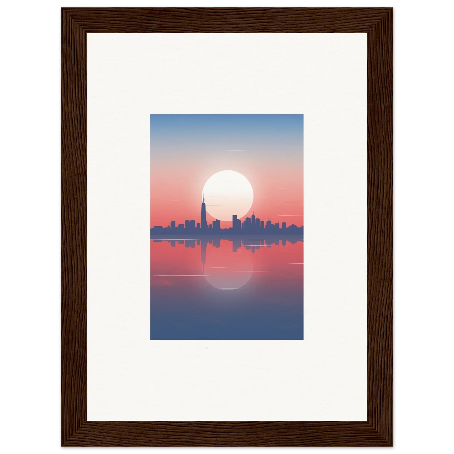 Framed wall art of city skyline silhouette at sunset for elegant room decor