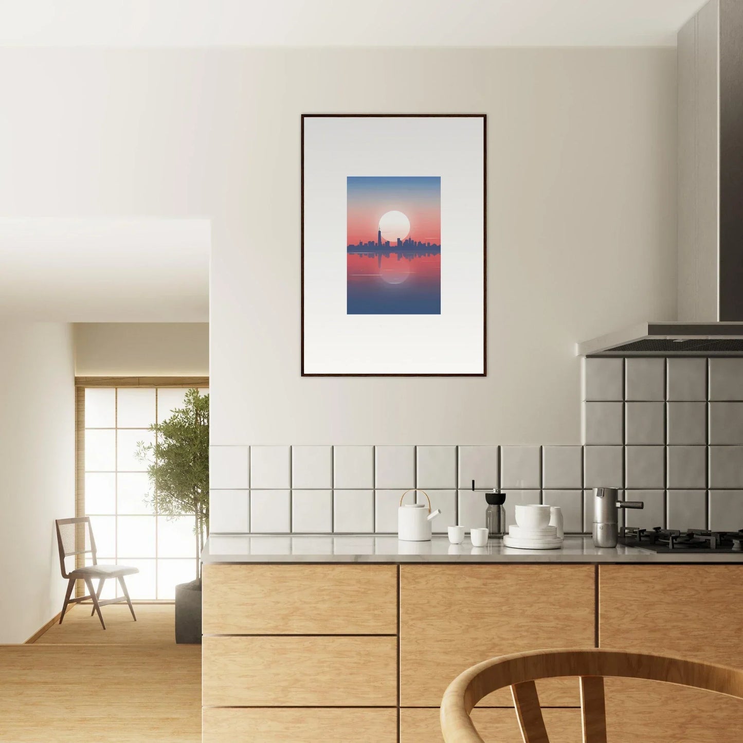 Framed wall art of a cityscape silhouette reflected in water at sunset for room decor