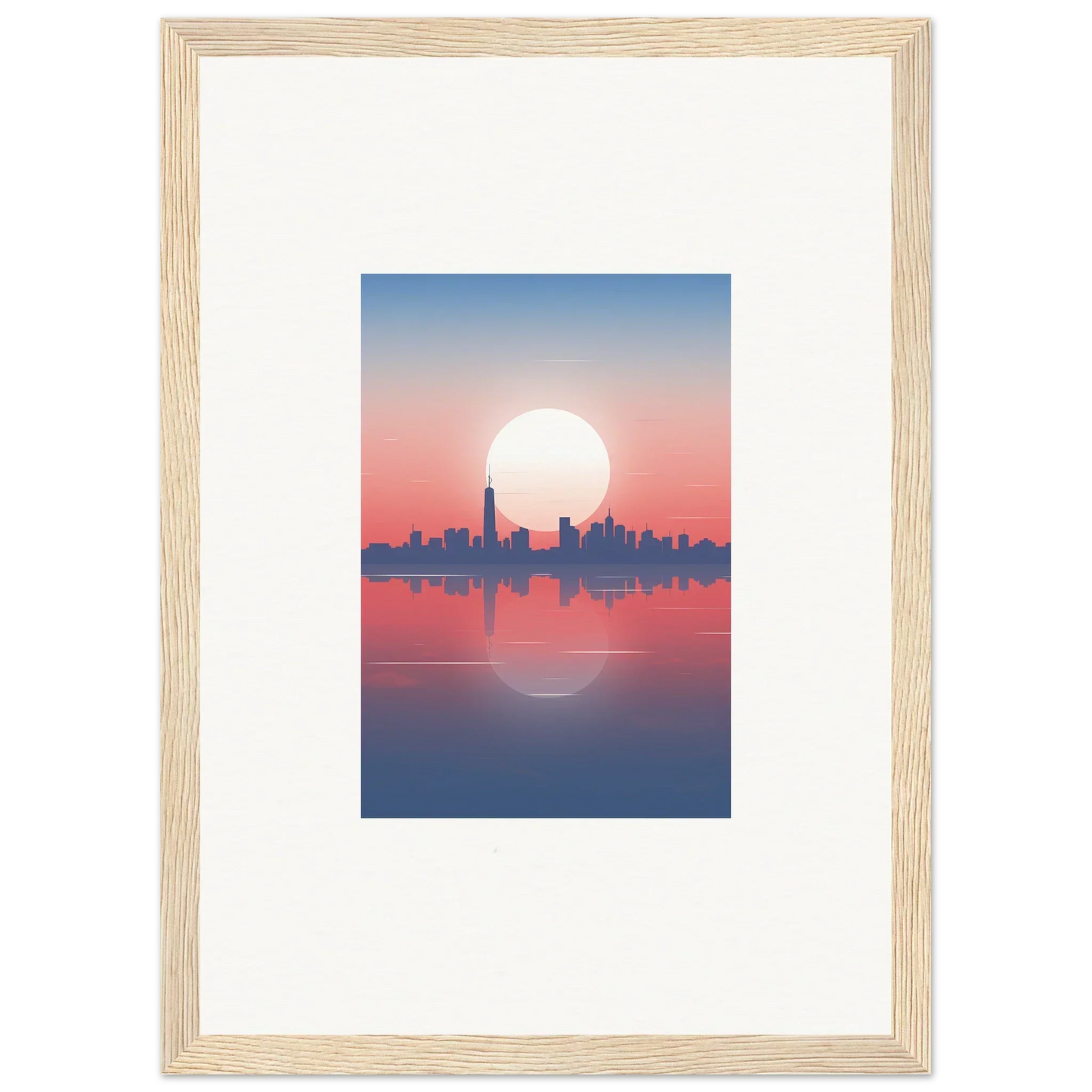 Framed wall art of city skyline silhouette at sunset, perfect dusk memento for room decor