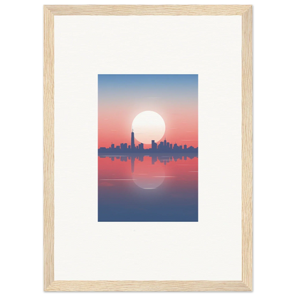 Framed wall art of city skyline silhouette at sunset, perfect dusk memento for room decor