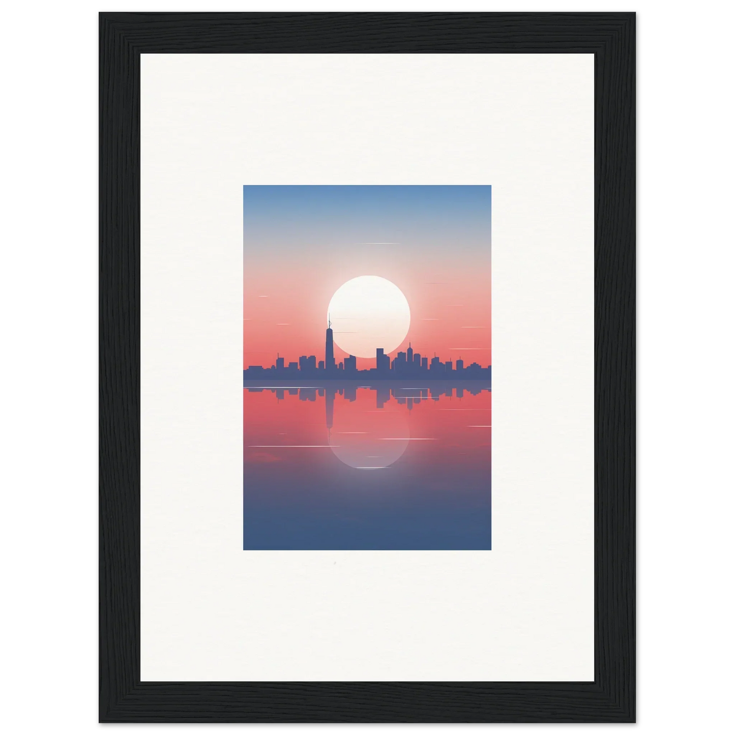 Framed wall art of a city skyline silhouette at sunset, perfect dusk memento room decor