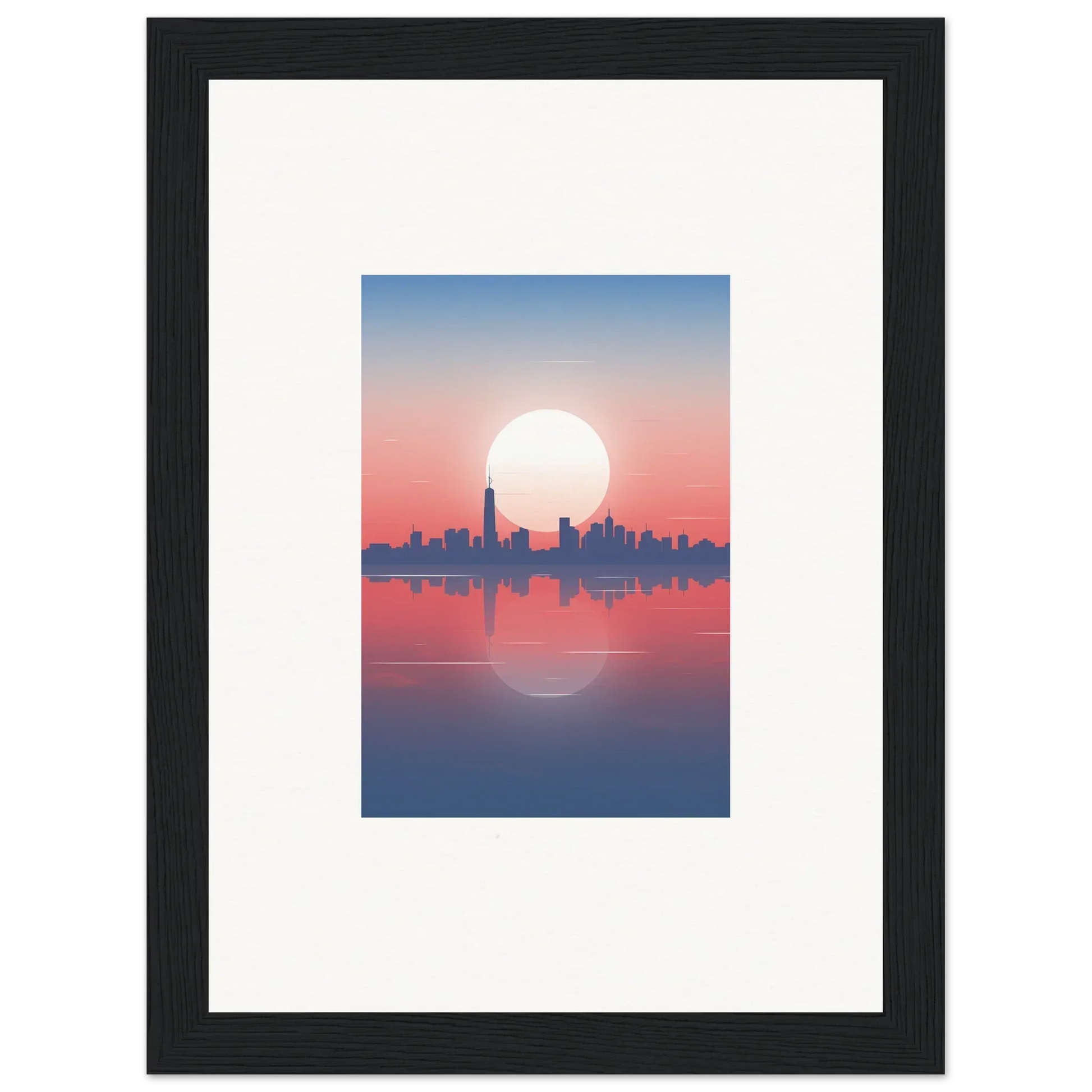 Framed wall art of a city skyline silhouette at sunset, perfect dusk memento room decor