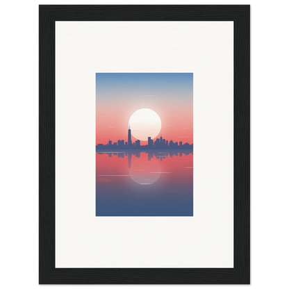 Framed wall art of a city skyline silhouette at sunset, perfect dusk memento room decor