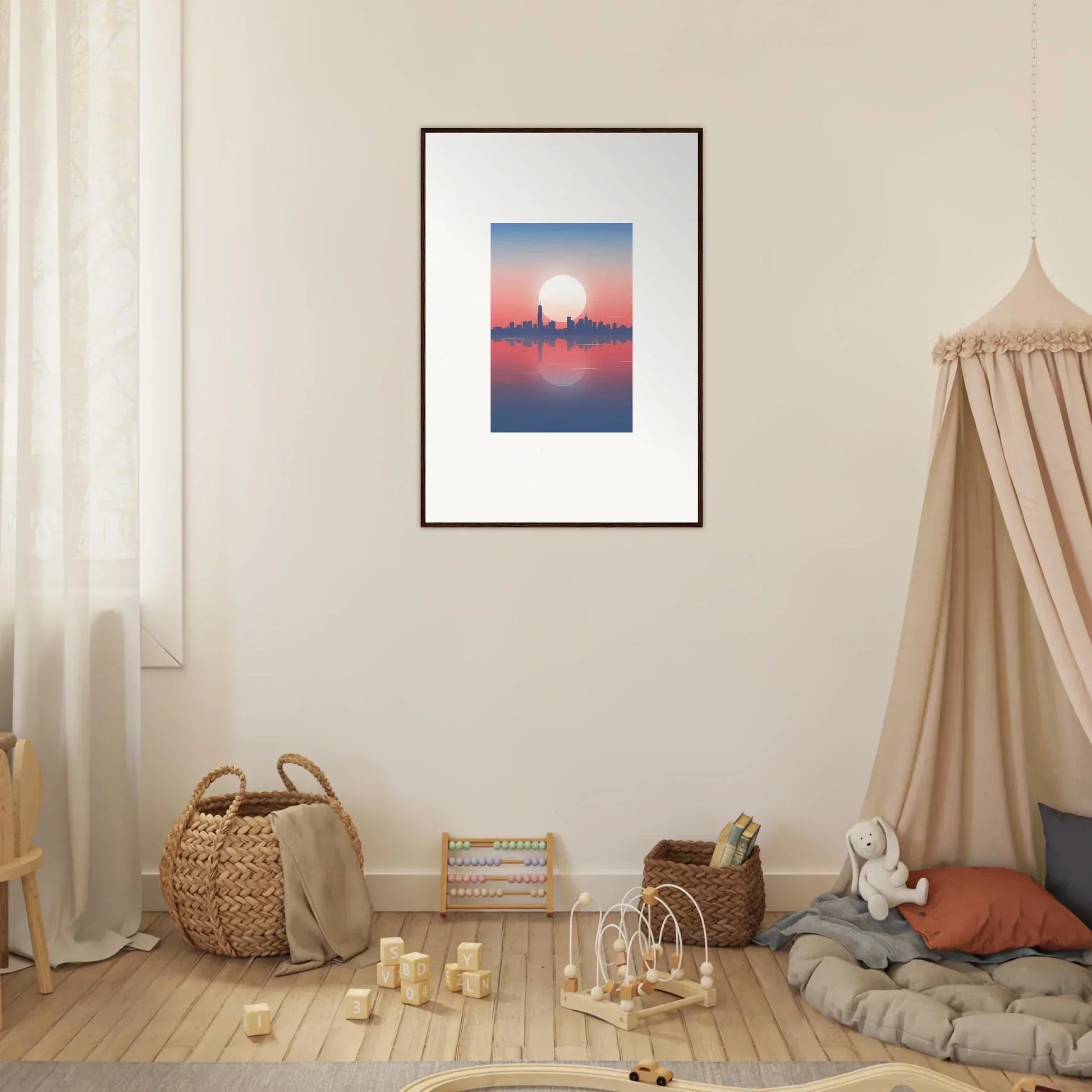 Framed wall art of a city skyline silhouette at dusk memento for stylish room decor