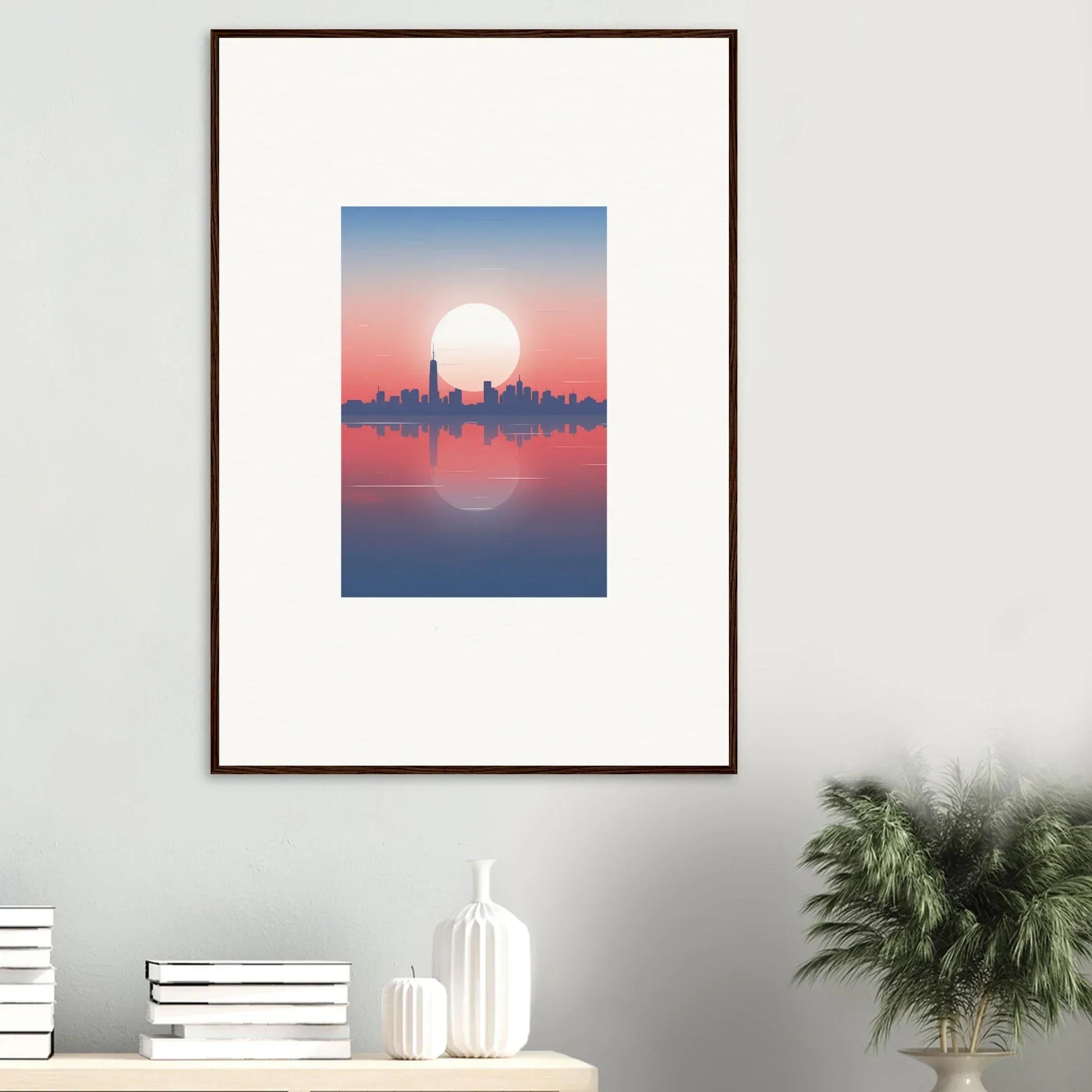 Framed wall art of a city skyline silhouette at dusk memento, perfect for room decor