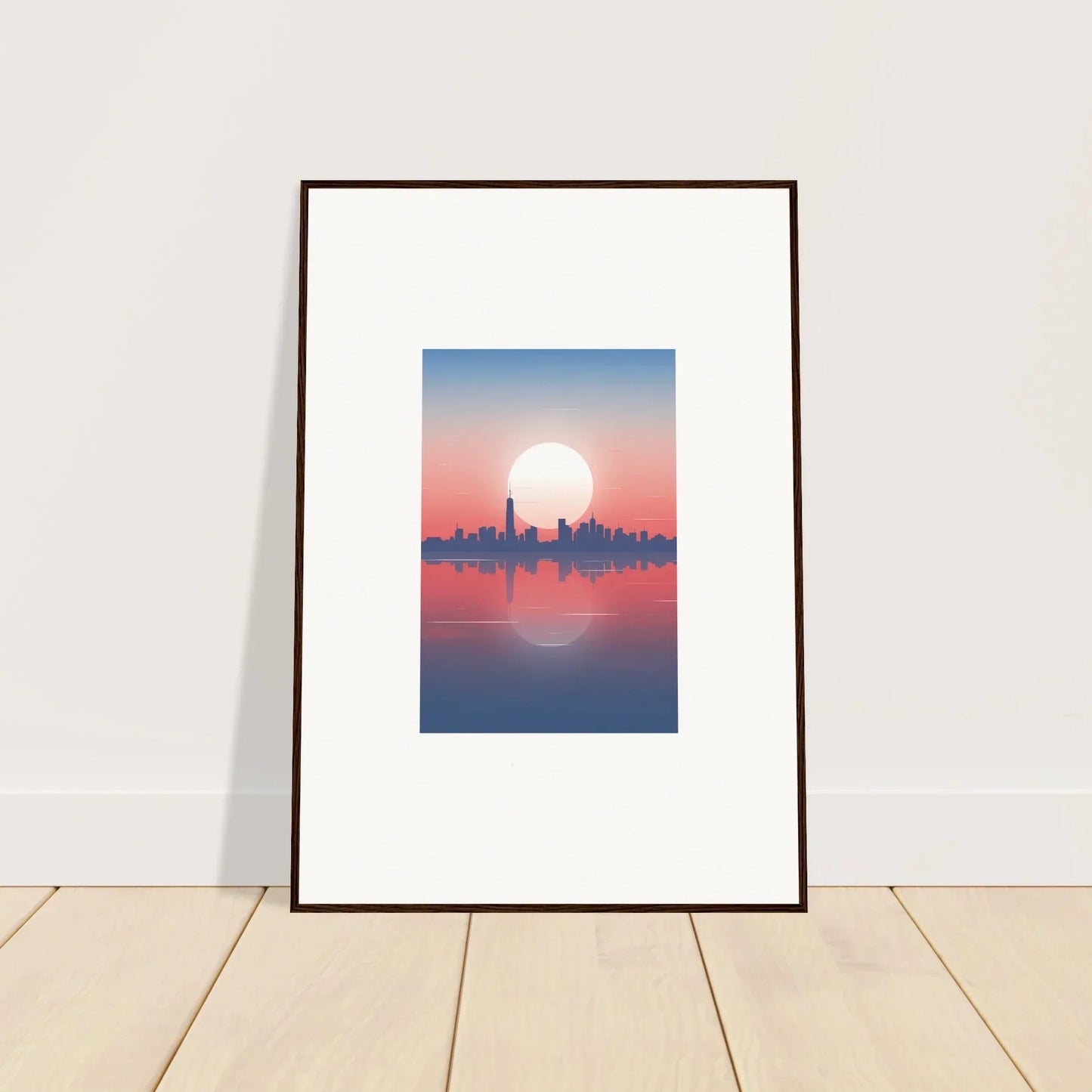 Framed wall art of city skyline silhouette at sunset, a perfect dusk memento for room decor