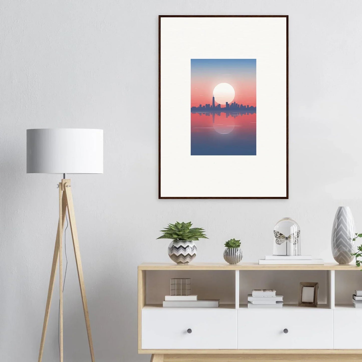 Framed wall art of a city skyline silhouette at sunset, perfect dusk memento for room decor