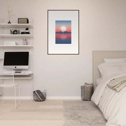 Framed wall art of a cityscape at sunset, ideal for room decor and dusk memento lovers