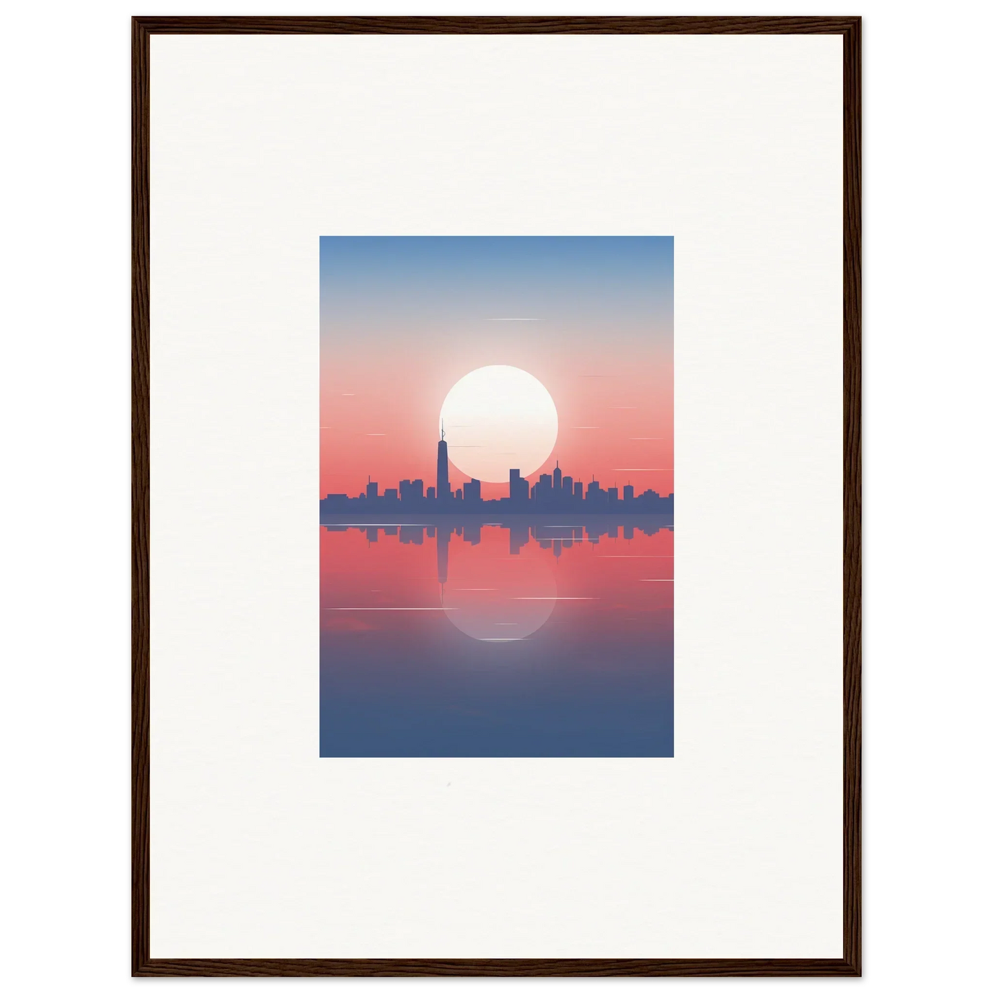 Framed wall art of a city skyline silhouette at sunset, perfect dusk memento for room decor