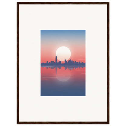 Framed wall art of a city skyline silhouette at sunset, perfect dusk memento for room decor